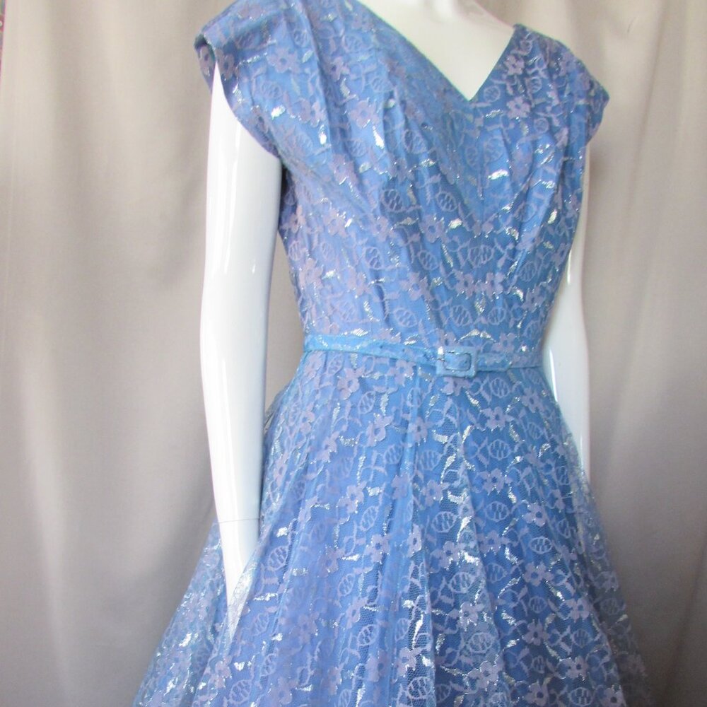 Sweet 1950 Era Prom or Cocktail Dress in Sky Blue Satin & Silver Metallic Lace